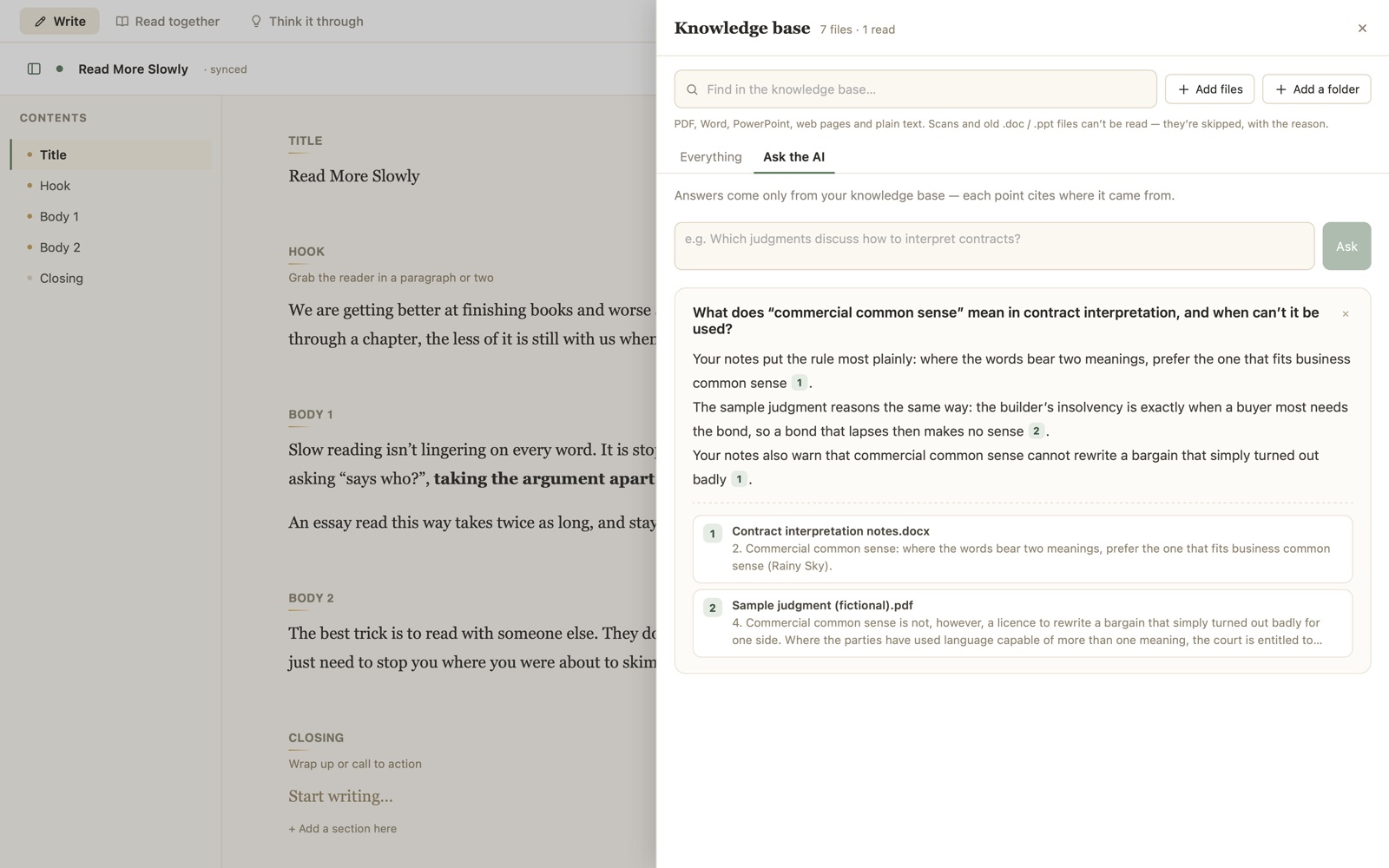 Knowledge base: ask across your material, with a source for every point