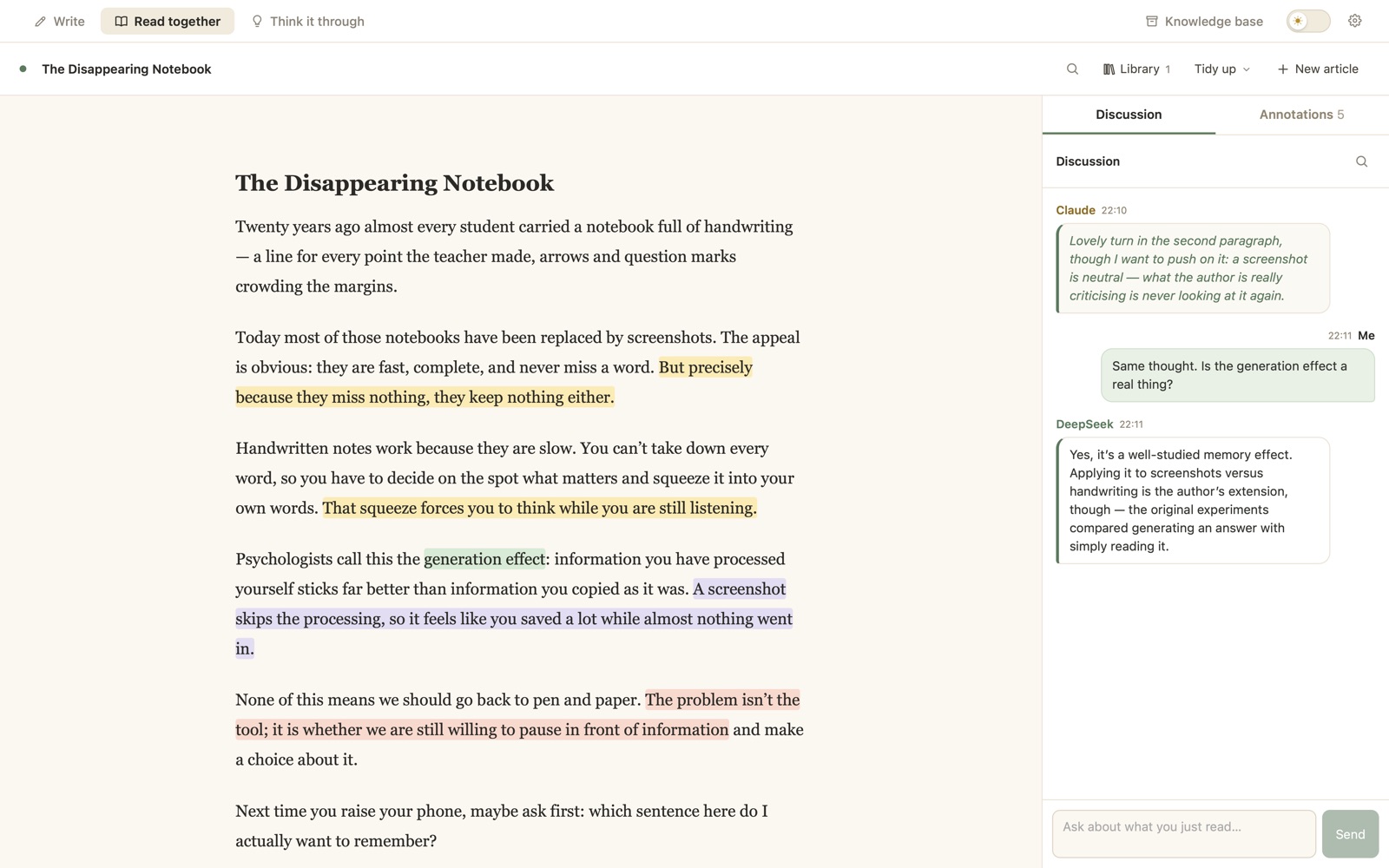 Read together: discussing the article with the AI as you read