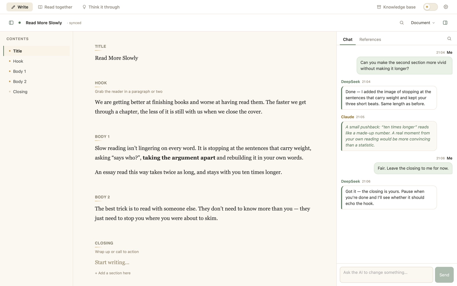Write mode: two AIs discussing your draft in the chat